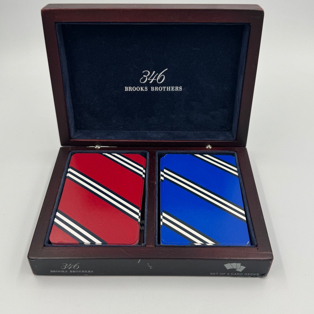 Brooks Brothers 346 Set of‎ 2 Card Decks Red Blue Wooden Box